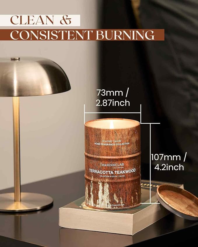 M&SENSE Terracotta Teakwood Scented Candles Christmas Decor,Natural Non Toxic, Aromatherapy Candle for Stress Relief Meditation Relaxing, Housewarming Gifts for Women Men, 11.3oz 70 Hour