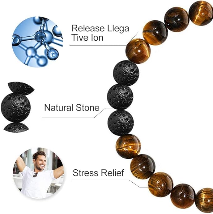M MOOHAM Mens Bracelet - Beaded Natural Stone 8mm Tiger Eye Matte Agate Lava Rock Bracelets for Men Teen Boys Grandpa Dad Birthday Gifts Jewelry