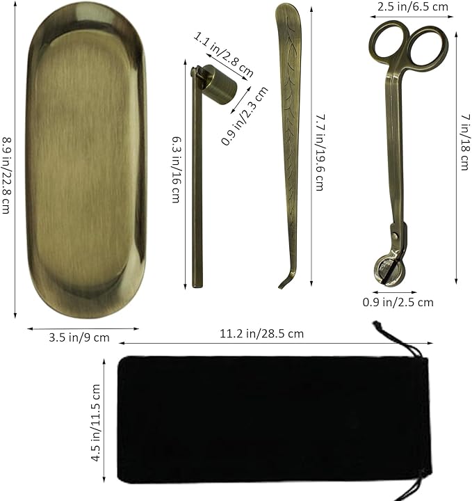 4 in 1 Candle Accessory Set, Candle Snuffer, Candle Wick Cutter, Candle Dipper, Storage Tray Plate, Candle Care Kit with Velvet Pouch for Candle Lover (Bronze)