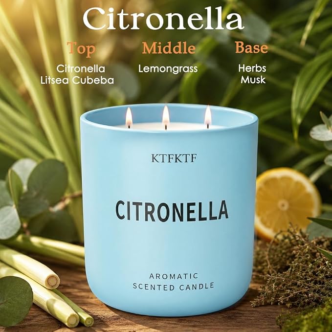 Citronella Candles Outdoor - 14.1oz Large 3 Wick Jar Candle with 80 Hour Burn, Natural Soy Wax, Non-Toxic Outdoor Candle for Patio, Camping, Backyard & Home