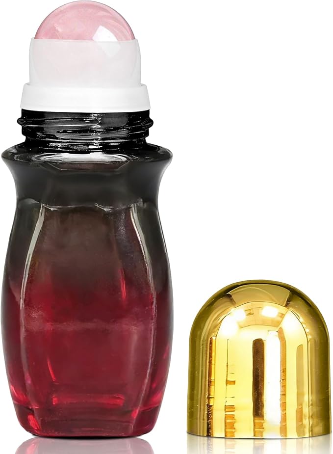 Rose Quartz Roller Waisted Bottles for Essential Oils,50ml Refillable Amber Glass Roll On Bottles with Natural Crystal Roller Balls, Leak-Proof Travel Perfume Bottle with Gold Caps