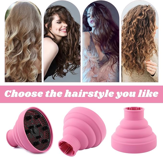 Universal Collapsible Hair Dryer Diffuser, Travel Hair Dryer Diffuser Attachment with Comb, Portable Hairs Diffusers Blow Dryers Attachment for Natural Thick Hairs(Pink)