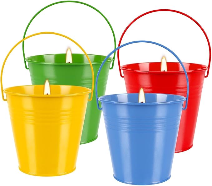 4 Pack 12oz Citronella Scented Candles, Colorful Metal Bucket Candles with Handle, Smokeless Clean Burning Candles for Home, Patio, Camping & Outdoor Gatherings