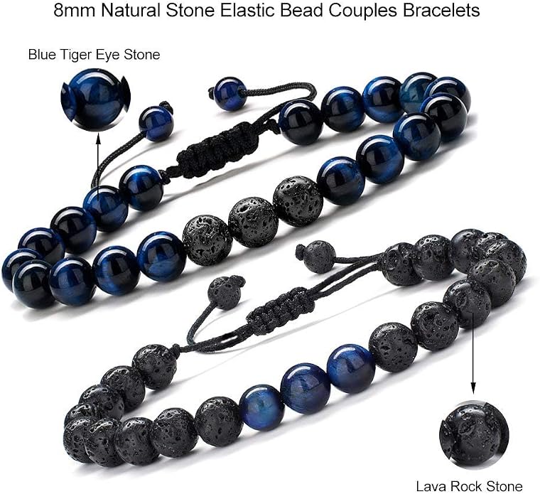 M MOOHAM Mens Bracelet - Beaded Natural Stone 8mm Tiger Eye Matte Agate Lava Rock Bracelets for Men Teen Boys Grandpa Dad Birthday Gifts Jewelry