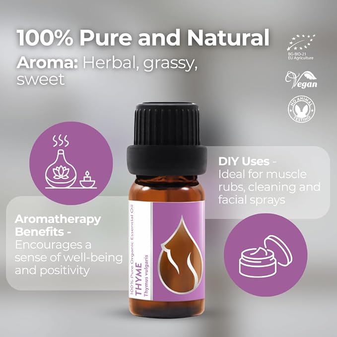 Essences Bulgaria Organic Thyme Essential Oil 1/3 Fl Oz | 10ml | Thymus vulgaris | 100% Pure and Natural | Undiluted | Therapeutic Grade | Family Owned Farm | Steam-Distilled | Non-GMO | Vegan