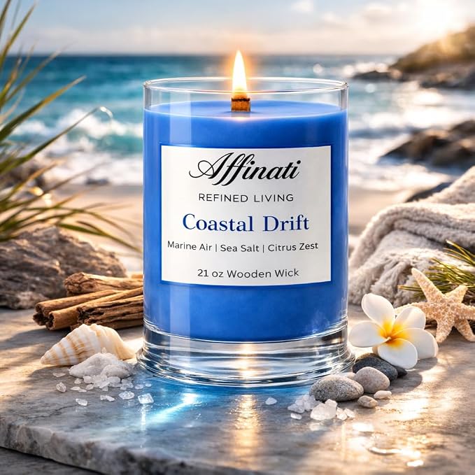 Affinati Coastal Drift Large Scented Candle, 21 oz Wooden Wick Tumbler – Premium Long Lasting Ocean Scented Fragrance, Large Room Soy Blend Candle
