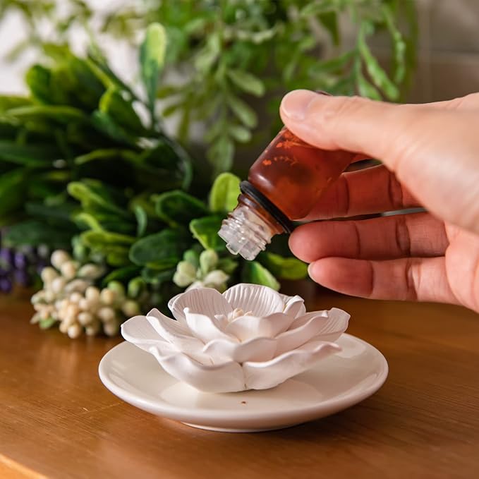 Essential Oil Passive Flower Diffuser -Non-Electric Porcelain Aromatherapy Diffusers for Small Mini Room, Desk Decorative, Bathroom (Hibiscus)
