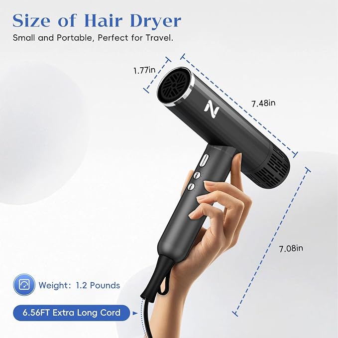 Natrial Ionic Professional Hair Dryer with Diffuser for Curly Hair,1600W&110000RPM High Speed Blow Dryer for Women,Fast Drying,Lock Function,Low Noise,Lightweight for Home Travel Salon,Dark Gray