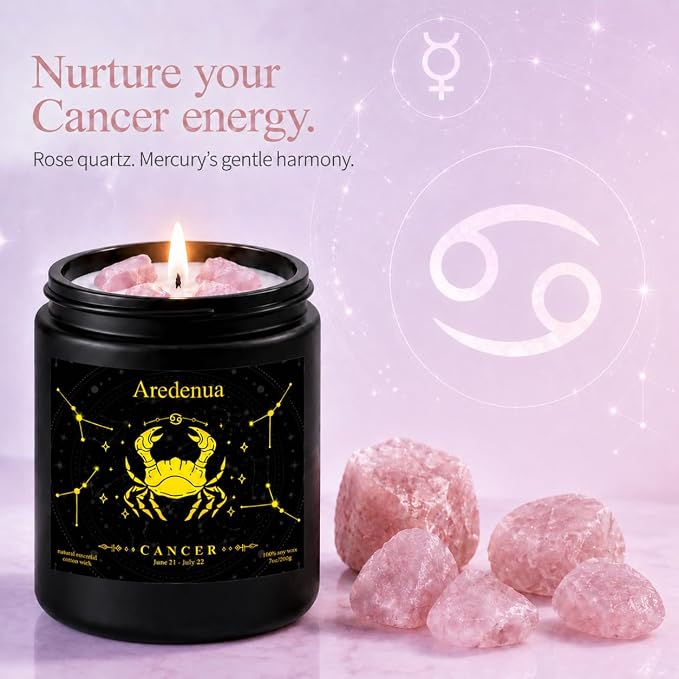 Cancer Birthday Gifts Candle | Zodiac Crystal Candles with Pink Opal Healing Crystals - Cashmere Lavender Scented Soy Candle, 7oz 50H Burn, Unique Spiritual Astrology Gifts for Women Men
