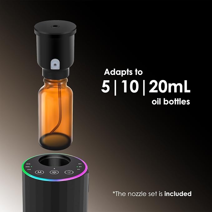 Waterless Essential Oil Diffuser, 7 Colors LED Light, Battery Powered Mini Scent Air Machine, Aromatherapy Mist Diffuser for Home Room Car Office，Black Aluminum Alloy (Black-LED)