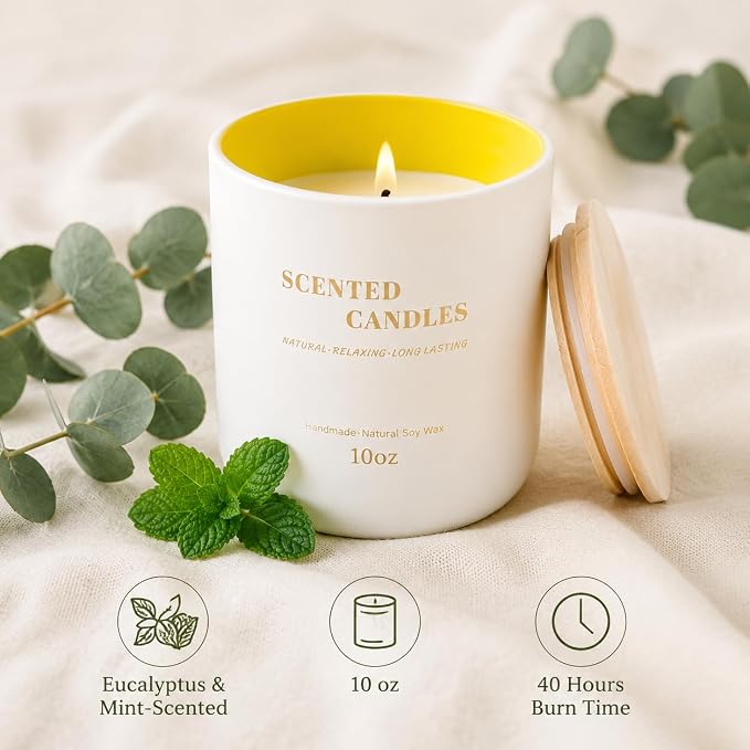 Lanttu Eucalyptus & Mint Scented Candle, 10 oz Natural Soy Wax | 40 Hours Long Lasting Burning, For Home Decor, Jar Candles, Gift for Women Mom Friend Birthday Housewarming