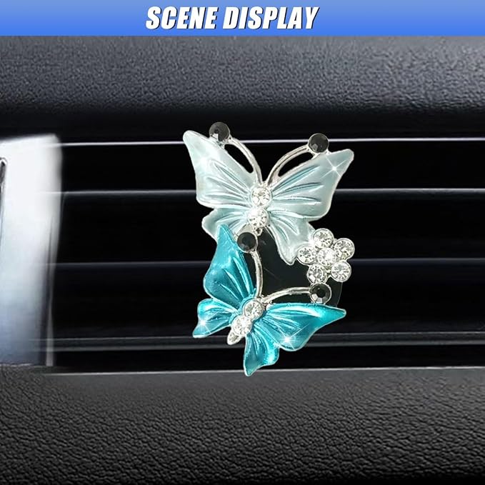 ZIMISI Car Vent Clip, Dual Butterfly Air Vent Clips, Bling Diamond Car Diffuser Clips, Cute Air Conditioning Outlet Decoration, Butterfly Car Accessories for Women (1Pc/Blue)