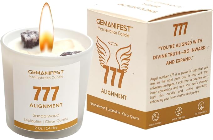 Angel Number 777 Manifestation Candle Crystal Infused Soy Wax with Lepidolite and Clear Quartz Sandalwood Scented Spiritual Gift for Alignment and Energy Clarity