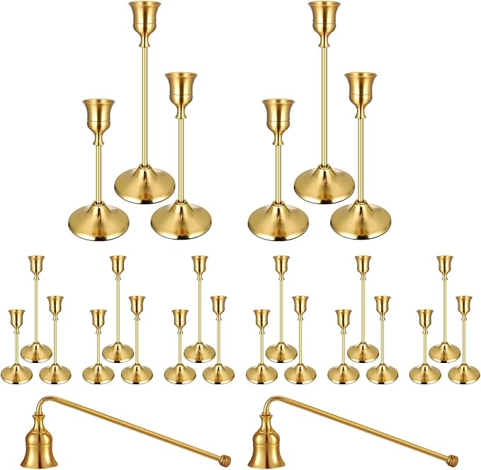 26 Pcs Brass Gold Taper Candle Holders Set, Vintage Metal Candlestick Holders Plus Candle Snuffer Brass Home Decor for Table Centerpiece,Wedding Reception,Festive Christmas Mantel Housewarming