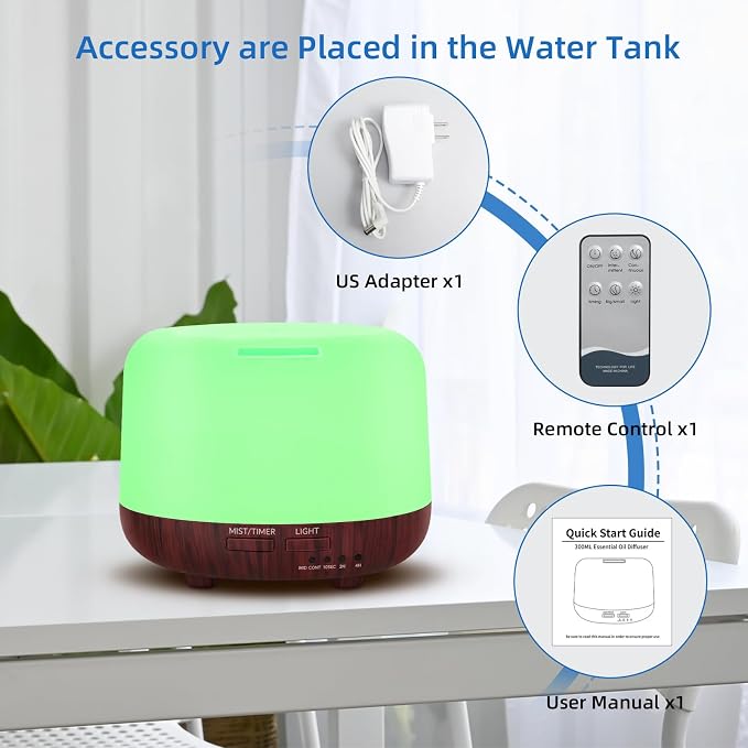 SPLITSKY Essential Oil Diffuser, 300ML Small Room Aromatherapy Diffuser with Remote Control, Quiet Operation, 7-Color LED Light, 4 Timer, Auto-Off, Easy to Clean for Bedroom, Living Room, Office