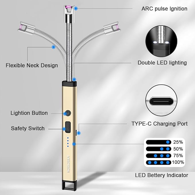 ARECTECH Candle Electric Lighter Rechargeable USB Arc Lighter for Candle Camping Fireworks Christmas Birthday Gifts with LED Light for Men Women Gold