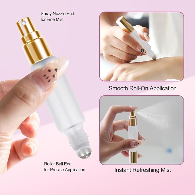 YOCASII 4PCS Dual End Bottle Set — Refillable Roll On Bottles for Essential Oils and Travel Spray Bottle Combo, Portable Perfume Atomizer & Roller Bottles for Castor Oil and Perfume