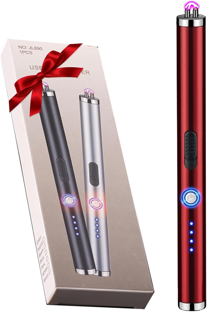 Electric Candle Lighter Rechargeable Plasma Flameless USB Lighter with Safety Lock Dual Arc LED Display for Grill Kitchen Camping (Red)