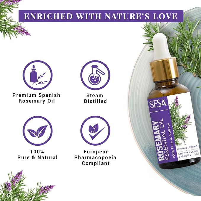 sesa Rosemary Essential Oil For Hair Growth Nourishes Skin Hair Fall Control | 100% Pure & Natural Rosemary Oil, 30 ml | Men and Women