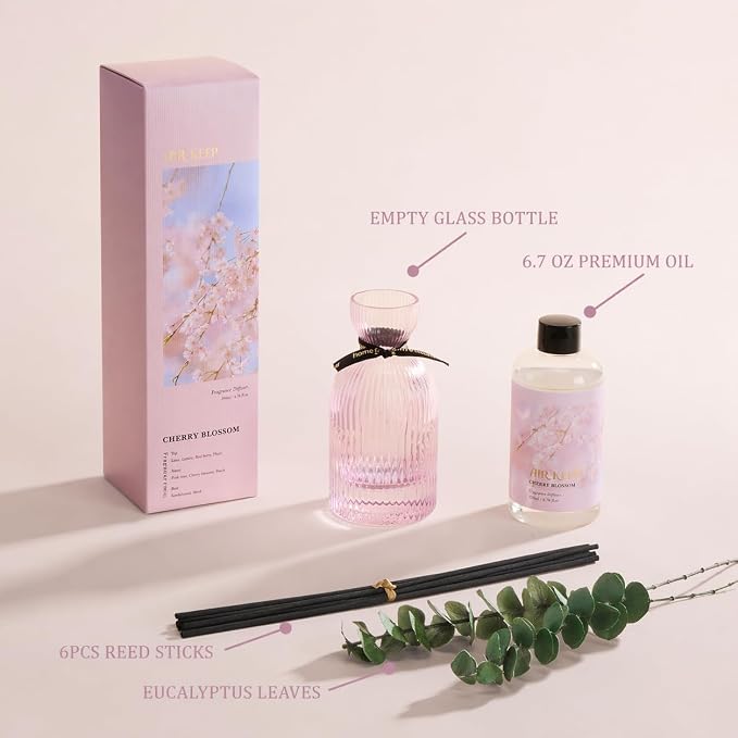 Airkeep Reed Diffuser Set 6.76 oz – Cherry Blossom Decorative Home Fragrance with Eucalyptus Sticks, Ribbed Glass Diffuser for Bathroom & Bedroom Décor, Gift Ready
