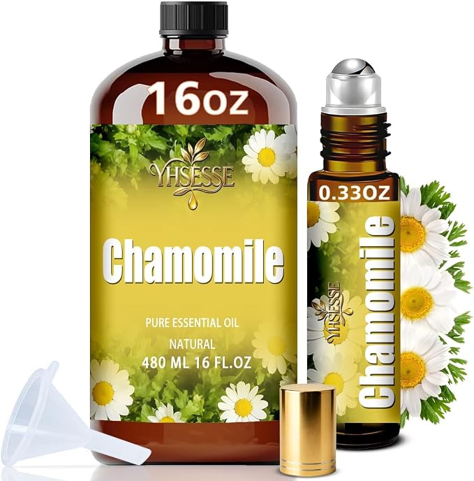 Chamomile Essential Oil, Chamomile Oil 16 Fl Oz 480ml for Diffuser Yoga Soap & Candle Making – with 0.33 Oz Roller Ball & Funnel YHSESSE Essential Oils