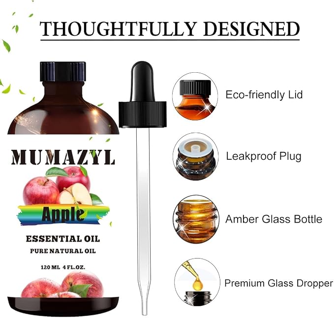 Apple Essential Oil, Apple Oil 4 Fl Oz 120ML for Diffuser Humidifier Yoga Cleaning DIY Candle Soap Making MUMAZYL Essential Oils