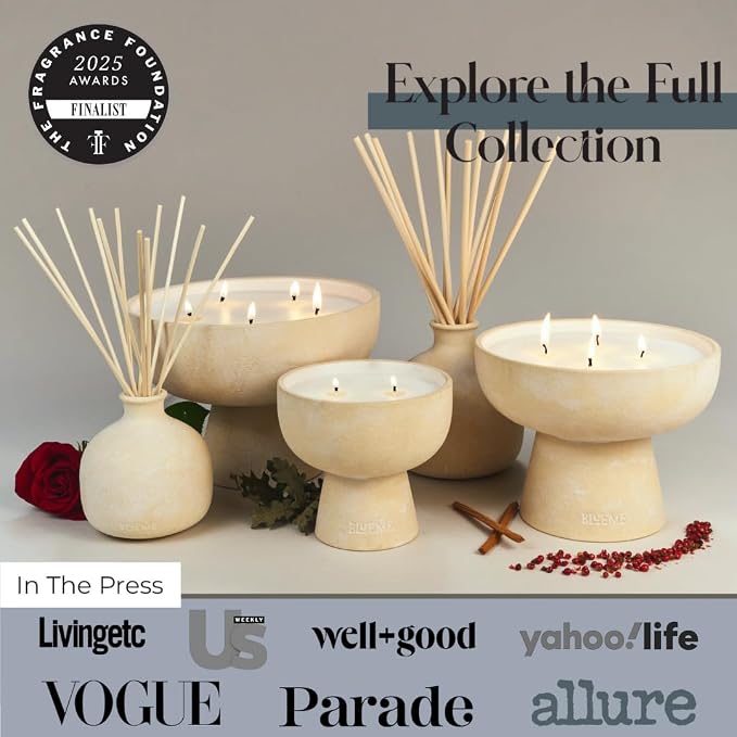 Blueme Romance Candle | Oakmoss & Sandalwood | 2 Wick - Refillable Wellness Candle with Essential Oils, Hand Finished & Poured Soy Wax Blend Ceramic Vessel, Natural Cotton Wicks | Medium 12 oz