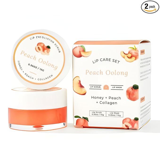 Lip Mask & Scrub Set(Peach + Honey + Collagen), Overnight Moisturizer for Cracked & Dry Lips Care, Hydrating Plumper Kit, Sugar Exfoliator Gift for Women