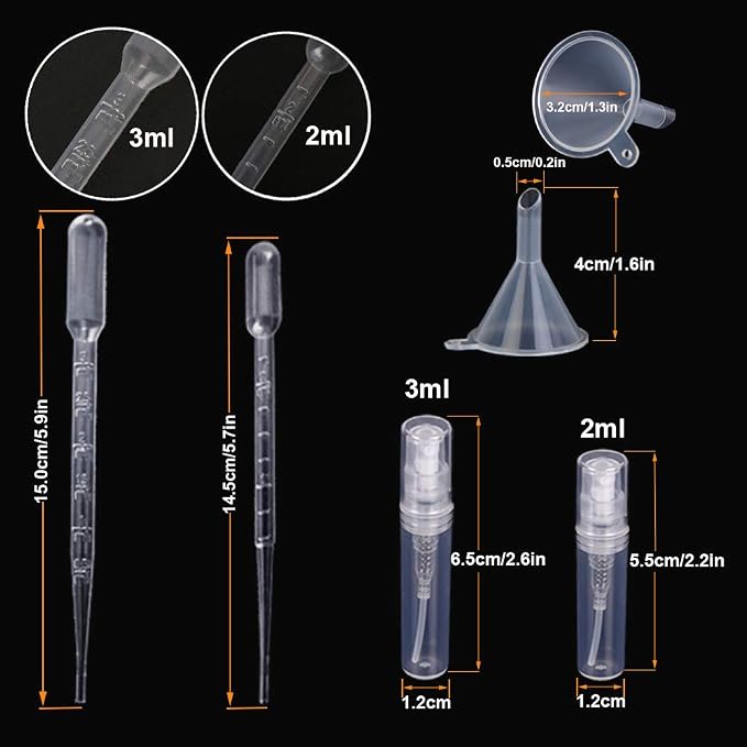20 Pcs Mini Clear Plastic Spray Bottle Set (2ml, 3ml), With 20 Plastic Transfer Pipettes and 10 Funnels, Refillable Empty Travel Bottle Kit for Perfume, Essential Oils, Travel (50PCS)