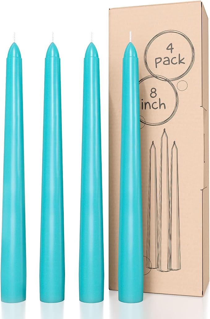 CANDWAX 8 inch Turquoise Taper Candles Pack of 4 - Unscented Smokeless Dripless Tall Candlesticks - Perfect for Holidays, Ordinary Dinners and Special Occasions - Teal Taper Candles