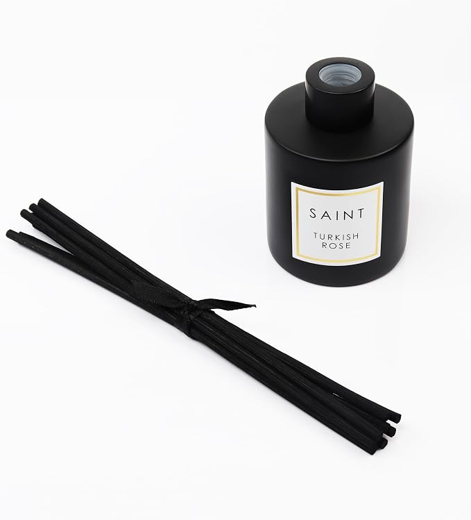 SAINT Reed Diffuser Set with Scent Diffuser Sticks, 5oz, Turkish Rose | Long-Lasting Oil Diffuser in Matte Black Glass Jar, Aroma Diffuser for Home, Bedroom, or Bathroom