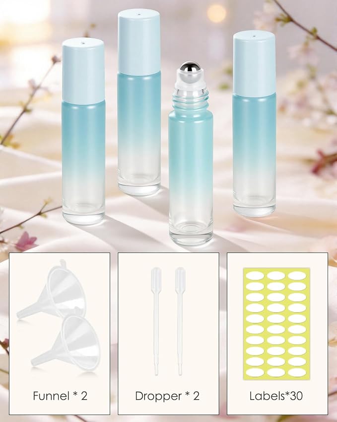 Worldgsb 12 Pack Essential Oil Roller Bottles, 10ml Refillable Glass Roller Bottles with Stainless Steel Roller Balls and Caps for Travel, Perfume and Lip Gloss Blue Gradient