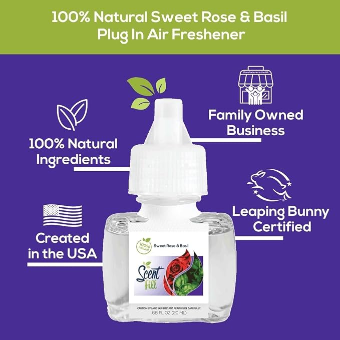 Scent Fill 100% Natural Sweet Rose & Basil Plug in Air Freshener, Scented Oil Refills, 3 Refills