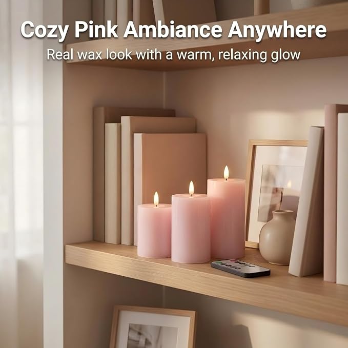 ANGELLOONG Pink Flameless Candles with Remote and Timer, Set of 3 Real Wax LED Pillar Candles Battery Operated Fake Candles for Pink Christmas Decor, Bedroom Bathroom