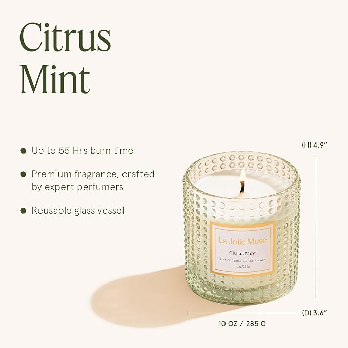 LA JOLIE MUSE Citrus Mint Scented Candle | Eucalyptus, Bergamot & Yuzu | 10 oz Natural Soy Wax | 55 Hours Clean Burn | Cozy Home Décor | Gift for Hosts