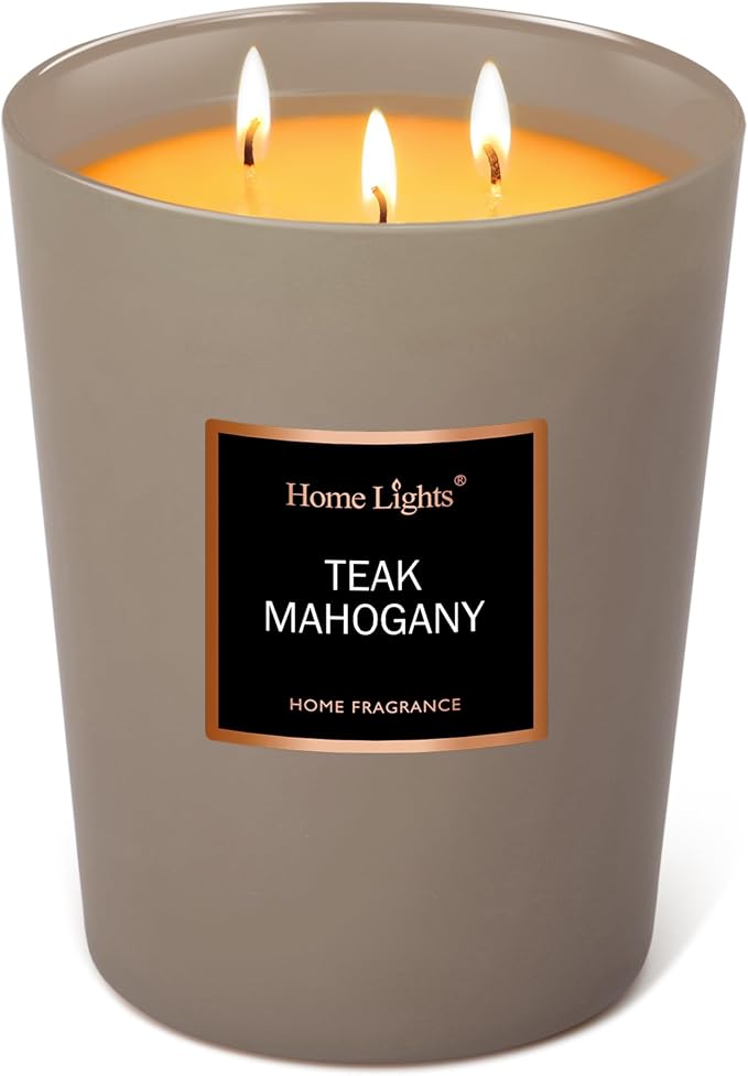 HomeLights Premium Scented Candles - 33.3 oz Natural Soy Wax, Aromatherapy for Home, Long Lasting Smokeless, 130 hrs Burn Time, 3 Cotton Wicks, Gifts for Women & Men - Teak Mahogany