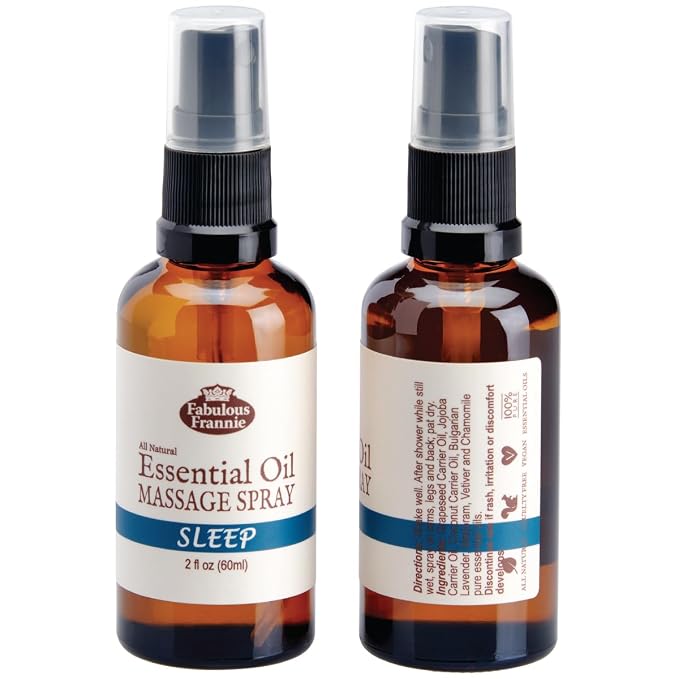 Fabulous Frannie Sleep Massage Spray Pure Essentials and All Natural Carrier Oils (Chamomile, Marjoram, Bulgarian Lavender and Vetiver) 2oz