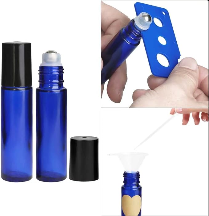 24-Pack 10ml Glass Roll-On Bottles with Stainless Steel Rollers, Refillable Roll-On Applicators for Essential Oils, Castor Oil, Aromatherapy, and Empty Deodorant Containers (Blue)