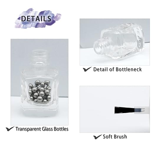 6PCS Empty Nail Polish Bottles with Funnel, Empty Fingernail Polish Bottles Glass Rectangle with Brush & Mixing Balls Black (10ML)