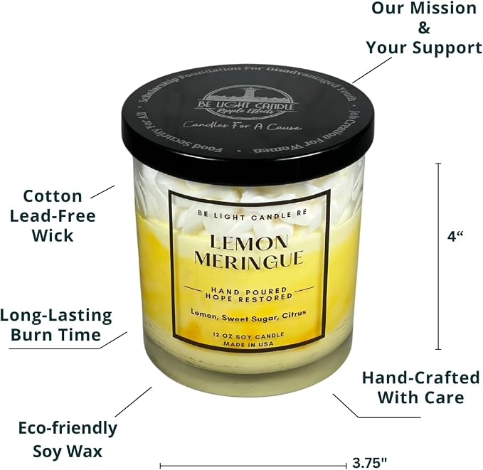Lemon Candle | Purpose-Driven Soy for Women Scented | 12oz Whipped Topping | Non-Toxic Soy Candle Food Gifts for Women | Be Light Candle RE (Lemon Meringue)