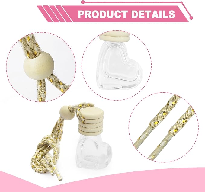 5 pcs Car Hanging Empty Glass Perfume Bottles Pendant Bottle, DIY Air Freshener Pendant, Empty Clear Glass Essential Diffuser Oil Aromatherapy, Glass Bottle Decor (Heart Shape)
