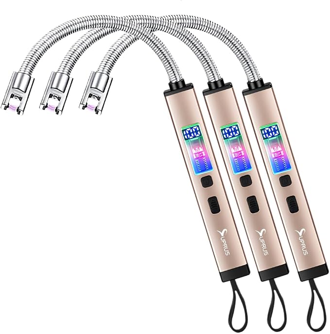 SUPRUS Electric Candle USB Type C Rechargeable 360° Flexible Neck Lighter with Upgraded LED Battery Display Safety Switch Flameless Plasma Windproof (Champagne Gold, 3Packs)