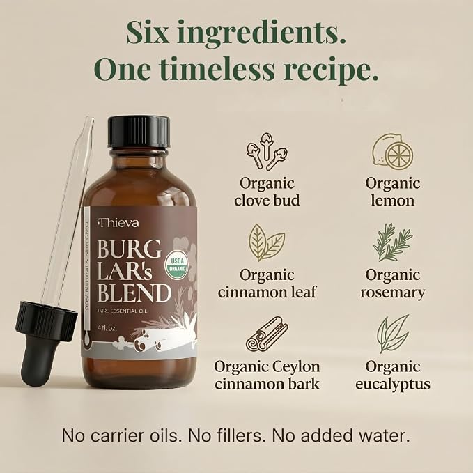 THIEVA Burglar’s Blend Essential Oil 4 oz – USDA Organic Pure Oil Blend for DIY Household Cleaning Seasonal Home Wellness and Diffuser Aromatherapy