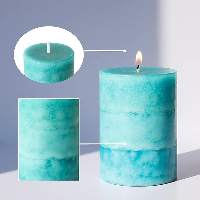 Pillar Candles Ocean Breeze Scented 3x4 inch Aqua Green Candle Clean Burning Smokeless Dripless Candles for Home Scented, Dinner Table, Fireplace Coastal Ocean Bathroom Decor - 3 Pack