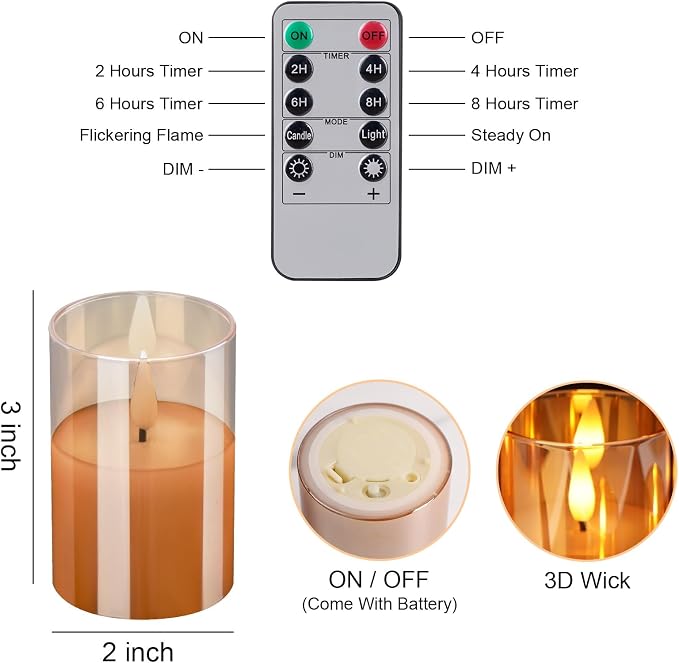 VIODAIM 6Pack Glass Flickering Flameless Candles with Remote, 2"X3" Real Wax Votive Candles Battery Operated, Small Electric LED Candles for Wedding Home Decor, w/4 Timers+2 Lighting Modes [Gold]