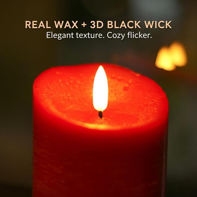 ANGELLOONG Red Flameless Candles with Remote and Timer, Real Wax Flickering Fake Pillar Candles Battery Operated, Electric LED Candle for Bathroom Table Decor Birthday Gifts for Him Her, Set of 3