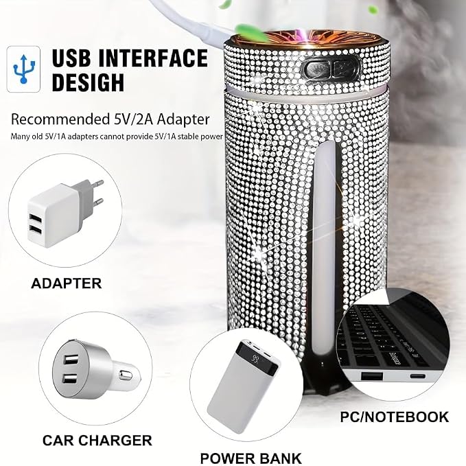 Bling Rhinestone Car Diffuser Humidifier USB Car Essential Oil Car Diffuser Humidifier Aromatherapy Portable Mini Humidifier for Car, Office, Room (White)