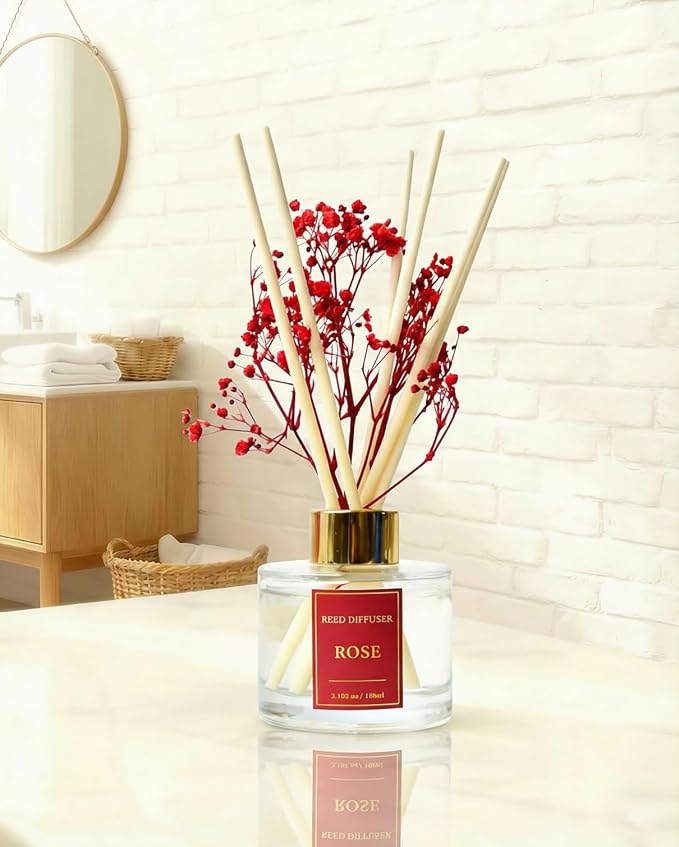 Reed Diffuser Set-Rose Scent Fragrance Oil Diffuser with 6 Reed Sticks | Home & Bedroom Bathroom Decor,3.38 fl oz (100ml)
