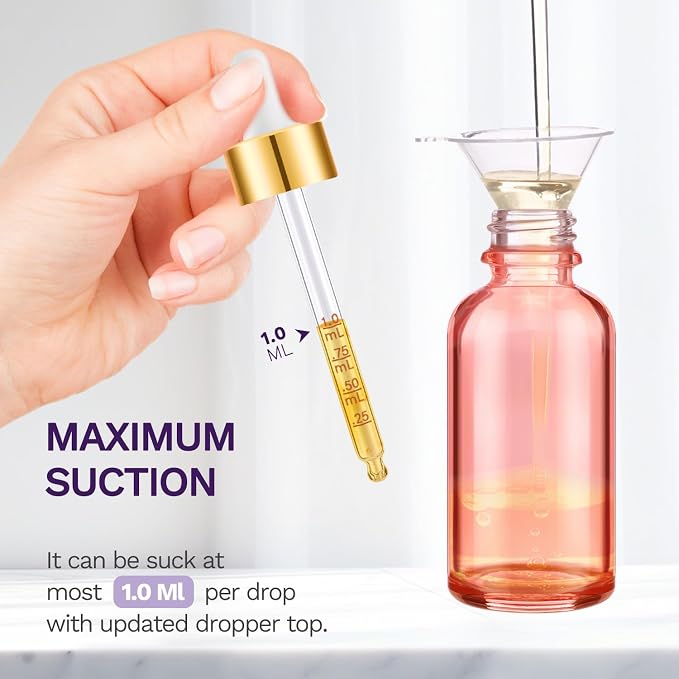 Bumobum 2 oz Glass Dropper Bottles, 2 pack Pink Lab dispensing Bottles for Essential Oils with Funnel, Labels & Pipette, Eye Tincture Bottle with Measured Dropper