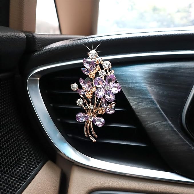 ORIESSE 2pcs Flower Car Vent Clips Car Air Freshener Bouquets Flower Purple Car Accessories for Women Rhinestone Flower Air Vent Clips Car Decor,Sparkling Refillable Car Diffuser